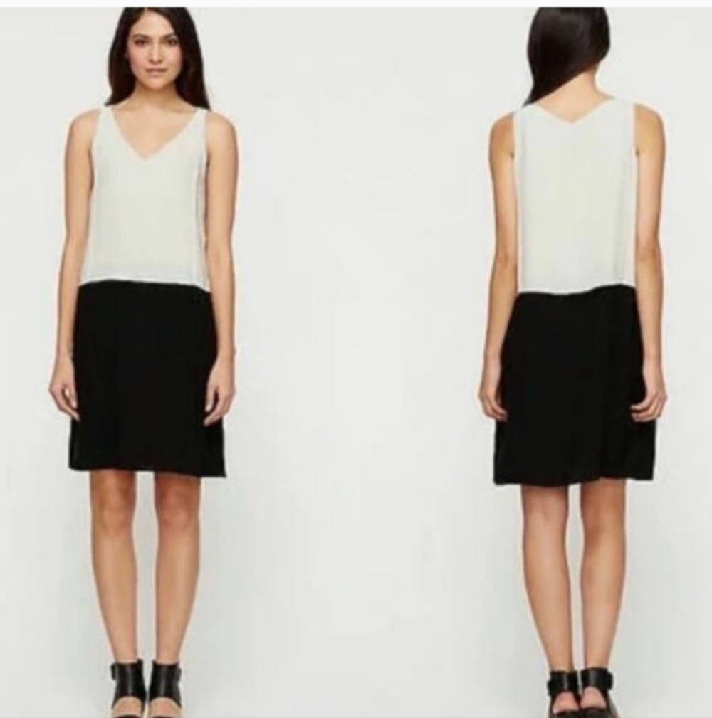 Eileen Fisher Silk Two Tone V Neck Sleeveless Shift Dress Bone Black XL EUC